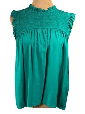 Staccato Top Shirt Green Smocked Size M Medium Ruffle Cap Sleeve